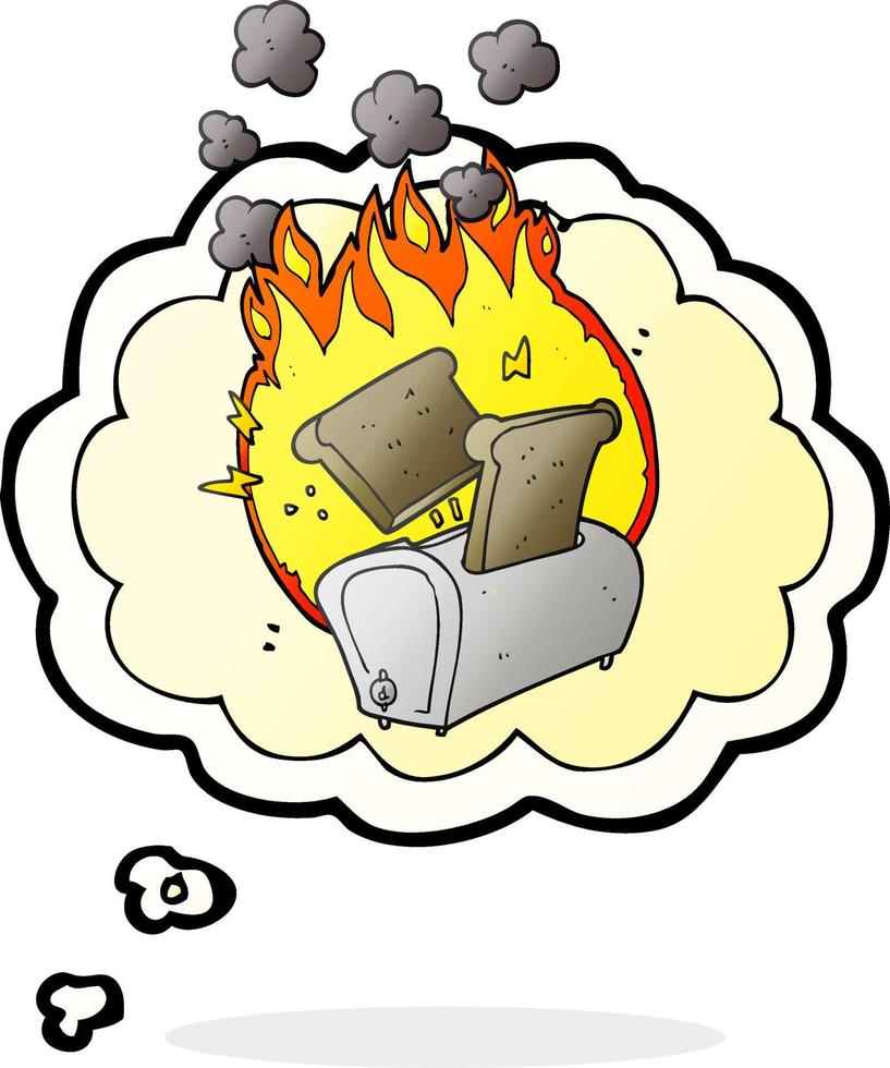 freehand drawn thought bubble cartoon burning toaster vector