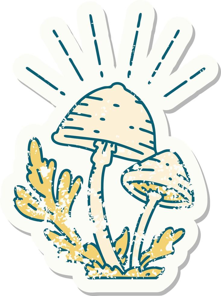 worn old sticker of a tattoo style mushrooms vector