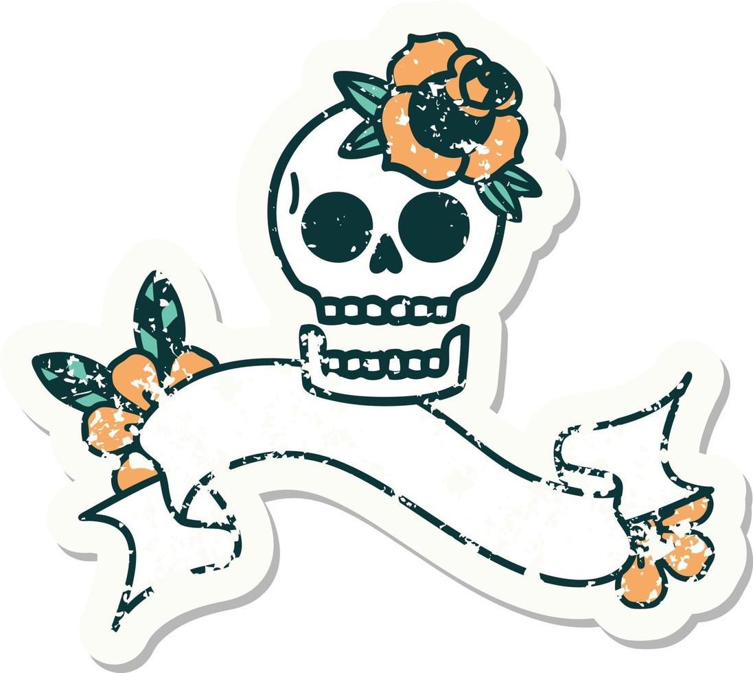 worn old sticker with banner of a skull and rose vector
