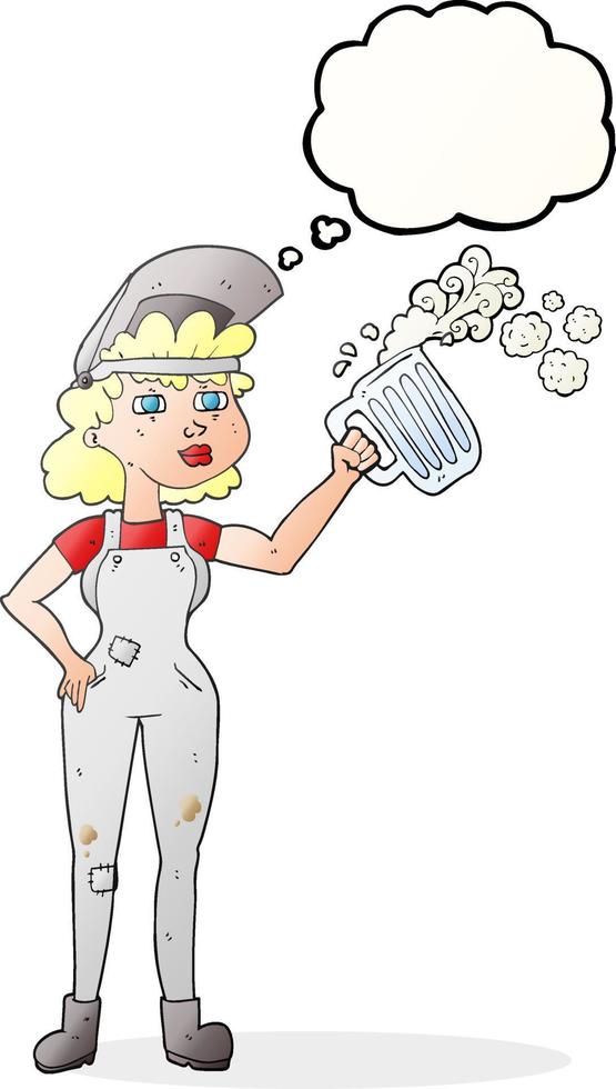 Pensamiento dibujado a mano alzada bubble cartoon mujer trabajadora con cerveza vector
