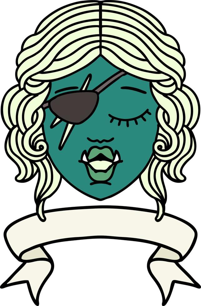 Retro Tattoo Style orc rogue character face with banner vector