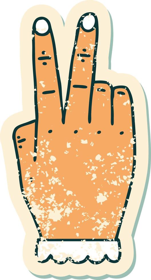 grunge sticker of a hand raising two fingers gesture vector