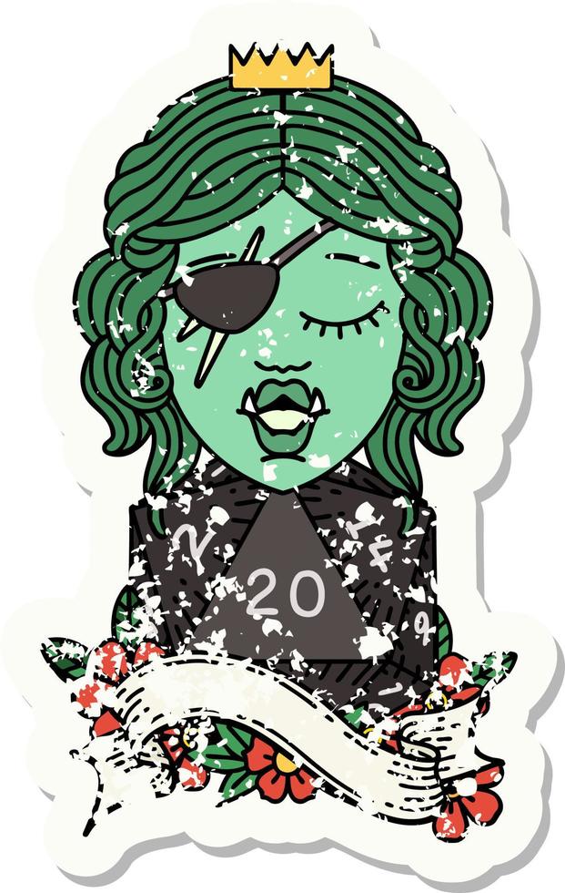 grunge sticker of a orc rogue character with natural twenty dice roll vector