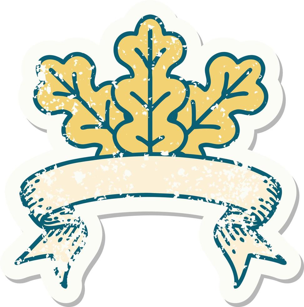 worn old sticker with banner of leaf vector