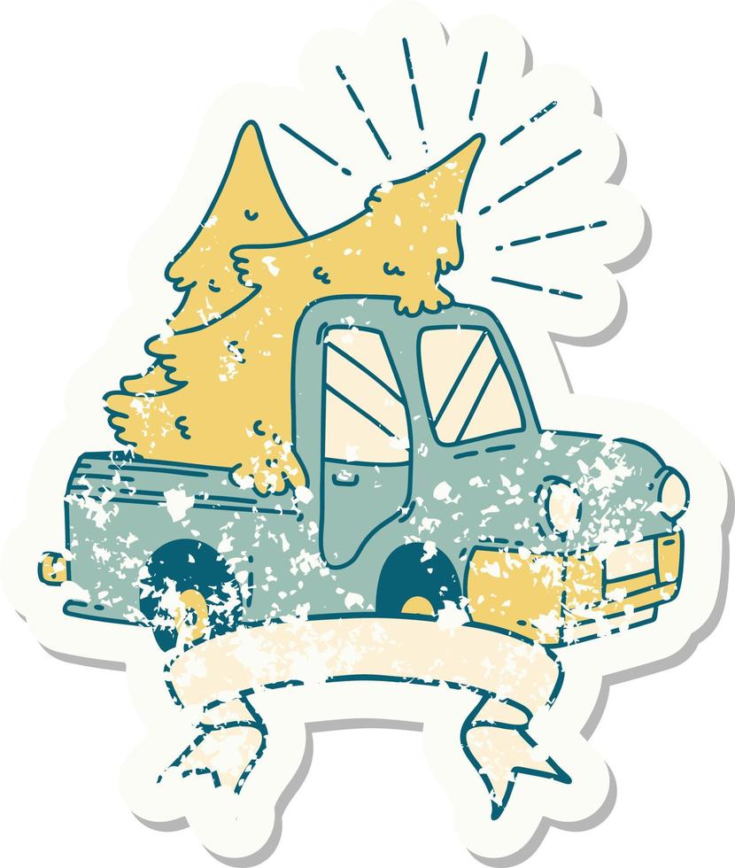 worn old sticker of a tattoo style truck carrying trees vector