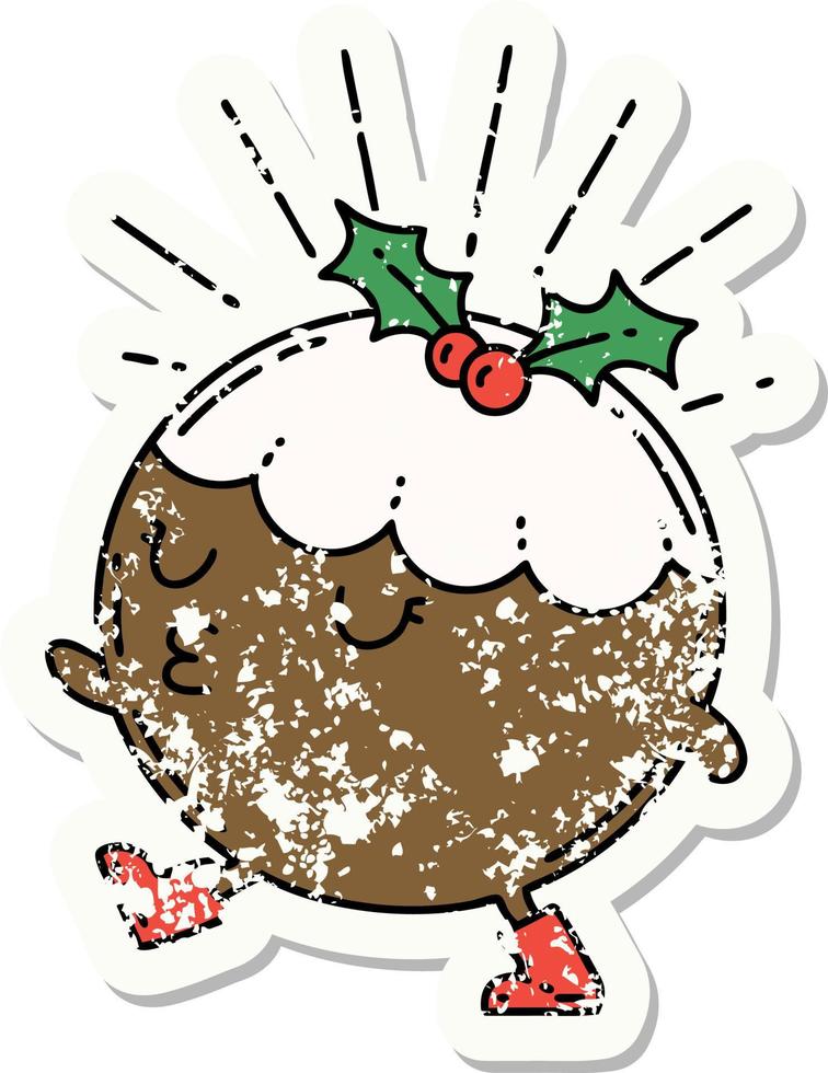 worn old sticker of a tattoo style christmas pudding character walking vector