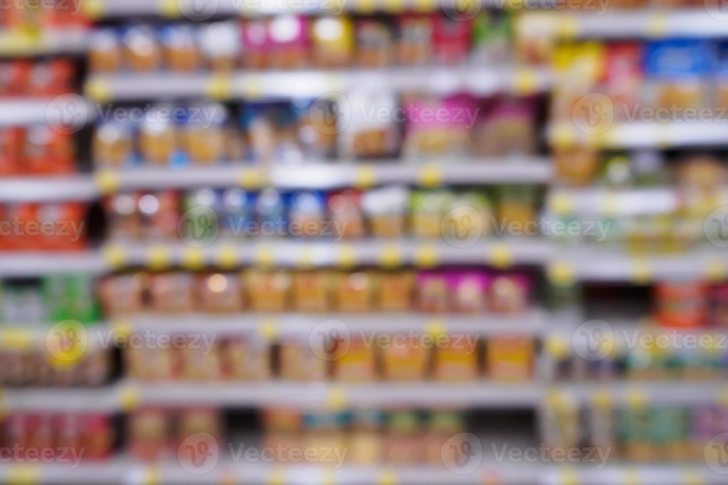 Abstract blur supermarket with variety of snacks chips food product on the shelves in store photo