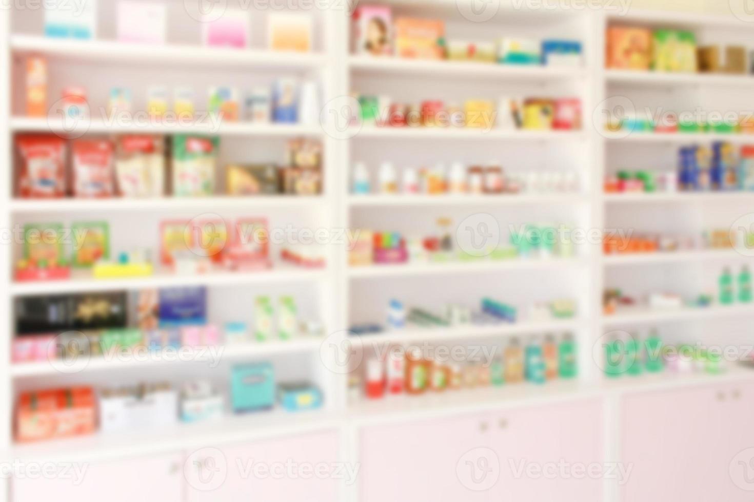 Pharmacy drugstore blur abstract backbround with medicine and healthcare product on shelves photo