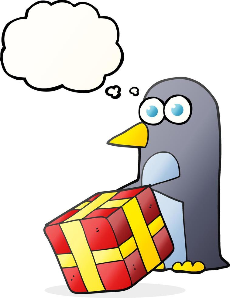 freehand drawn thought bubble cartoon penguin with christmas present vector