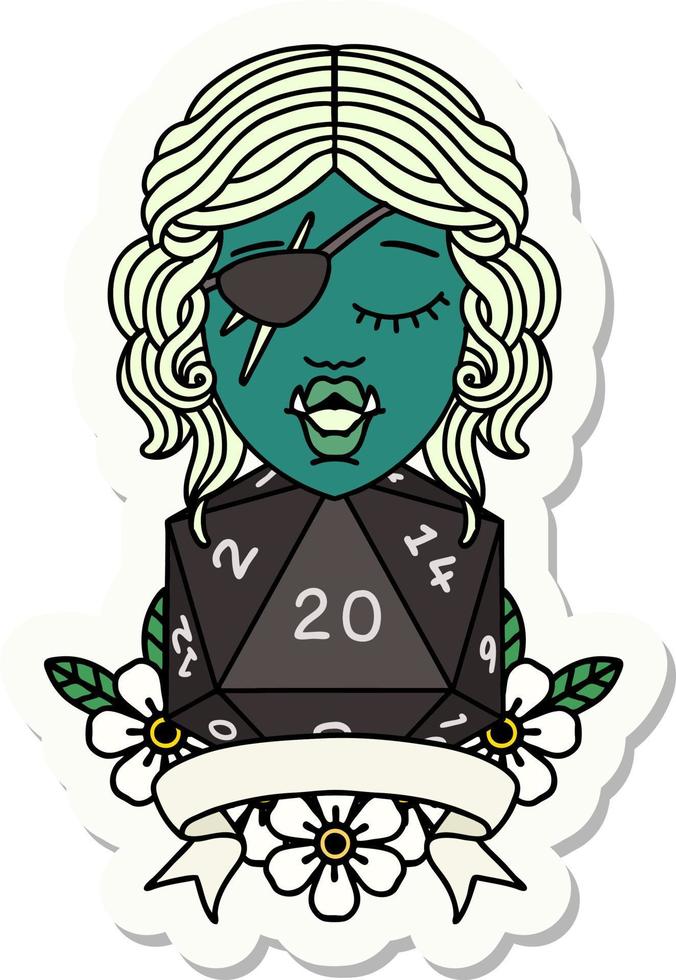 sticker of a half orc rogue character with natural twenty dice roll vector