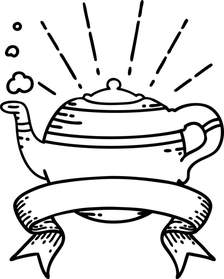 scroll banner with black line work tattoo style steaming teapot vector