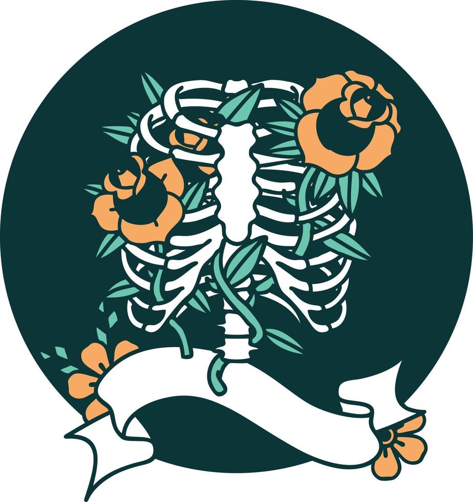 tattoo style icon with banner of a rib cage and flowers vector