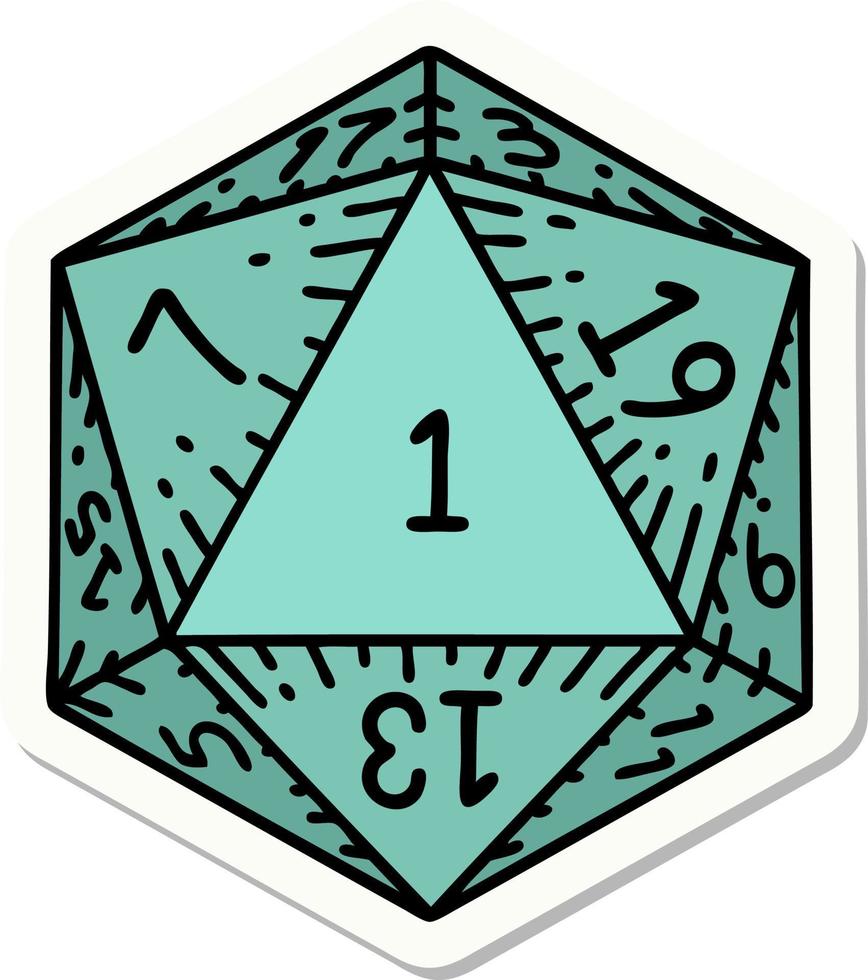 sticker of a natural 1 D20 dice roll vector