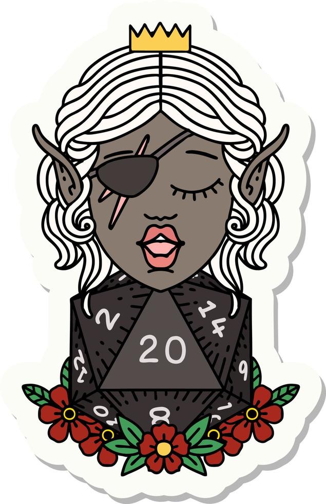 sticker of a elf rogue character with natural twenty dice roll vector