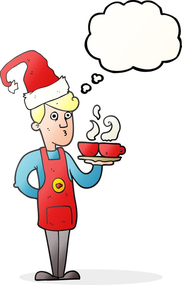 freehand drawn thought bubble cartoon barista serving coffee at christmas vector