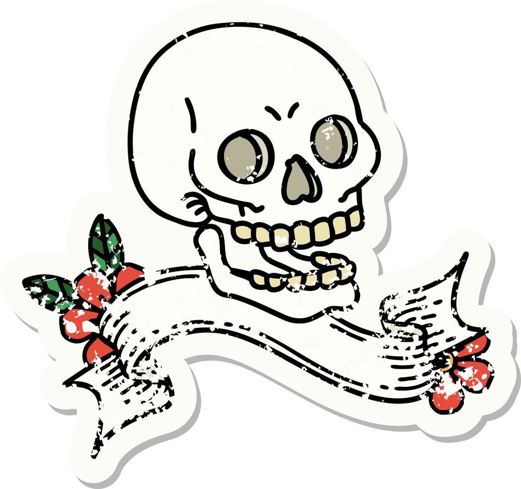 worn old sticker with banner of a skull vector