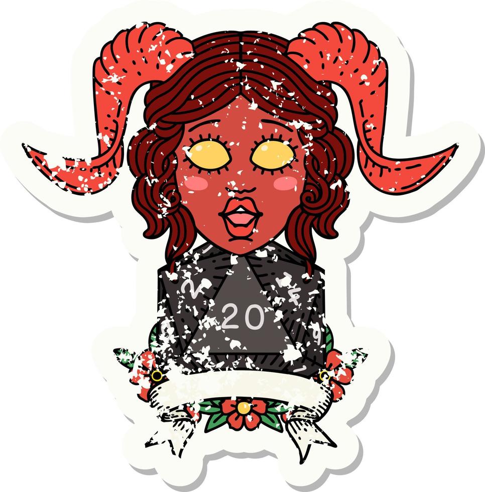 Retro Tattoo Style happy tiefling with natural 20 vector