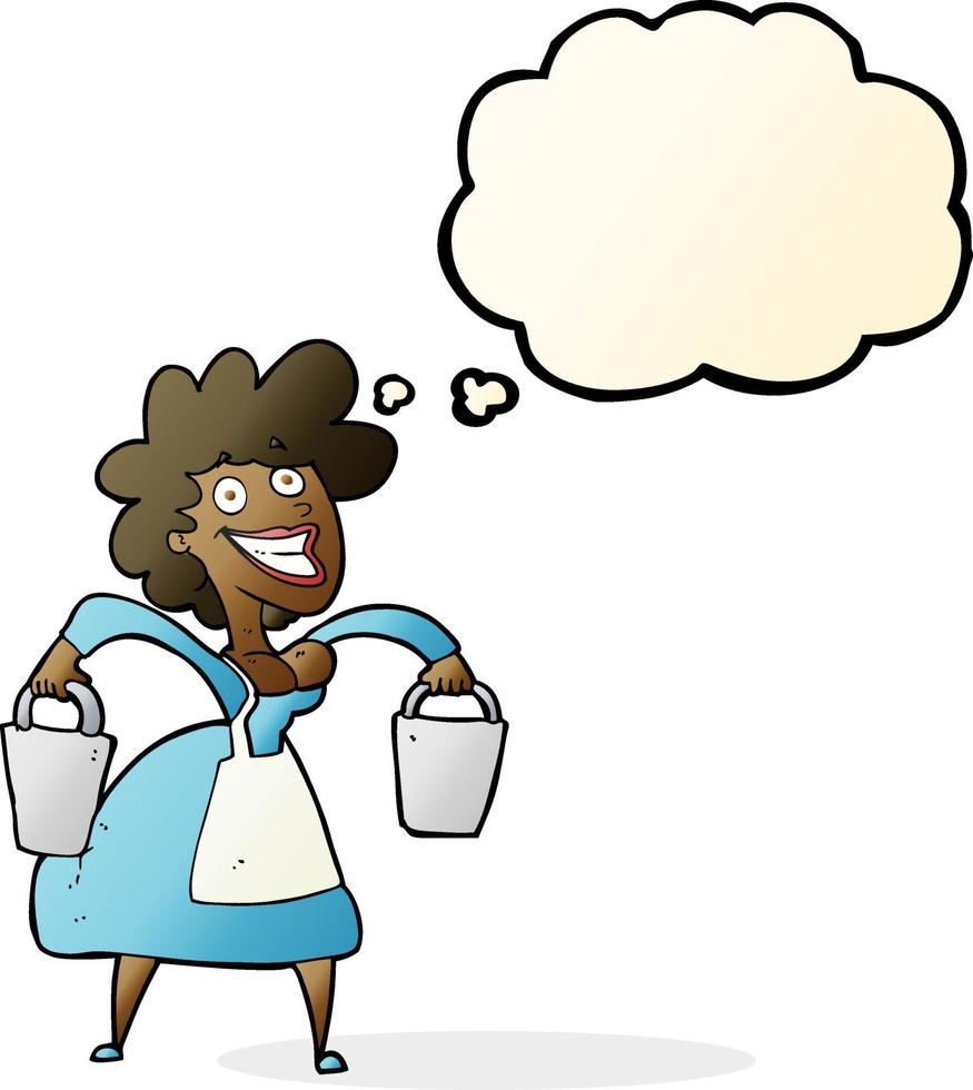 cartoon milkmaid carrying buckets with thought bubble vector