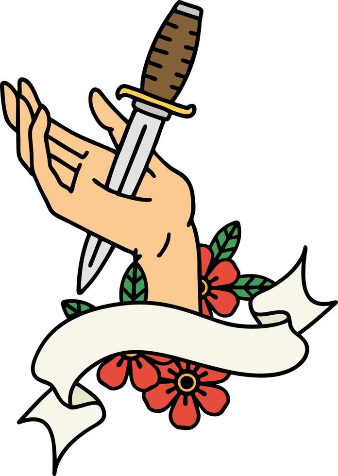 traditional tattoo with banner of a dagger in the hand vector