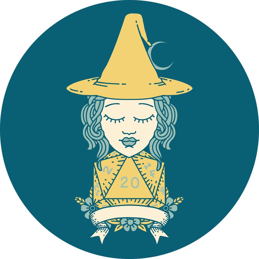 Retro Tattoo Style human witch with natural twenty dice roll vector