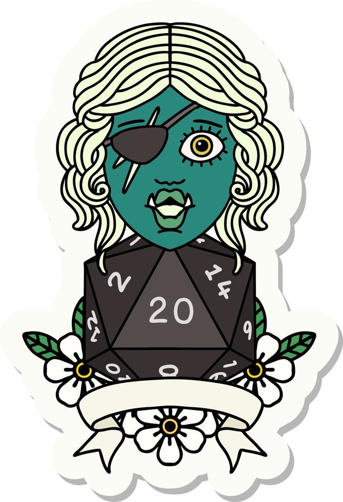 sticker of a half orc rogue character with natural twenty dice roll vector