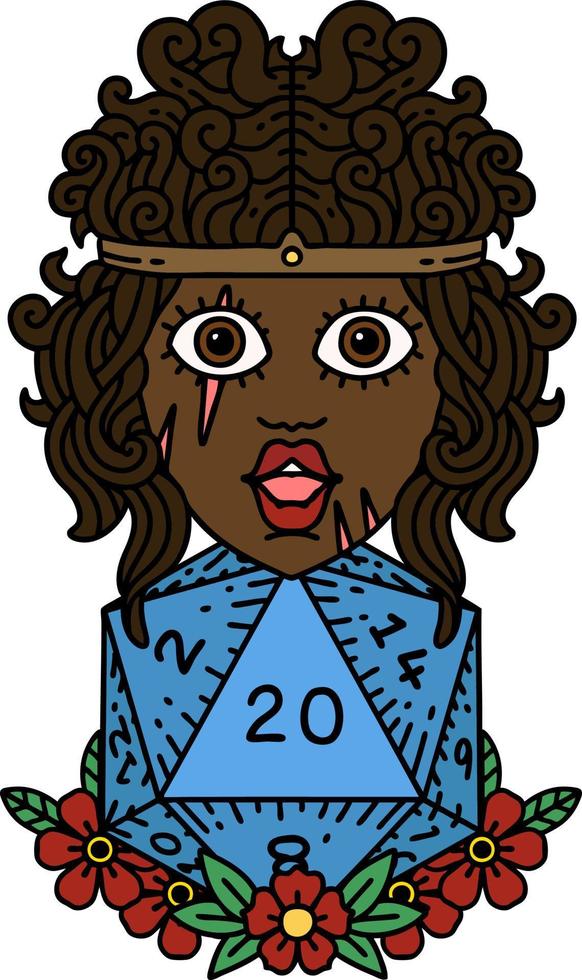 Retro Tattoo Style human barbarian with natural twenty dice roll vector