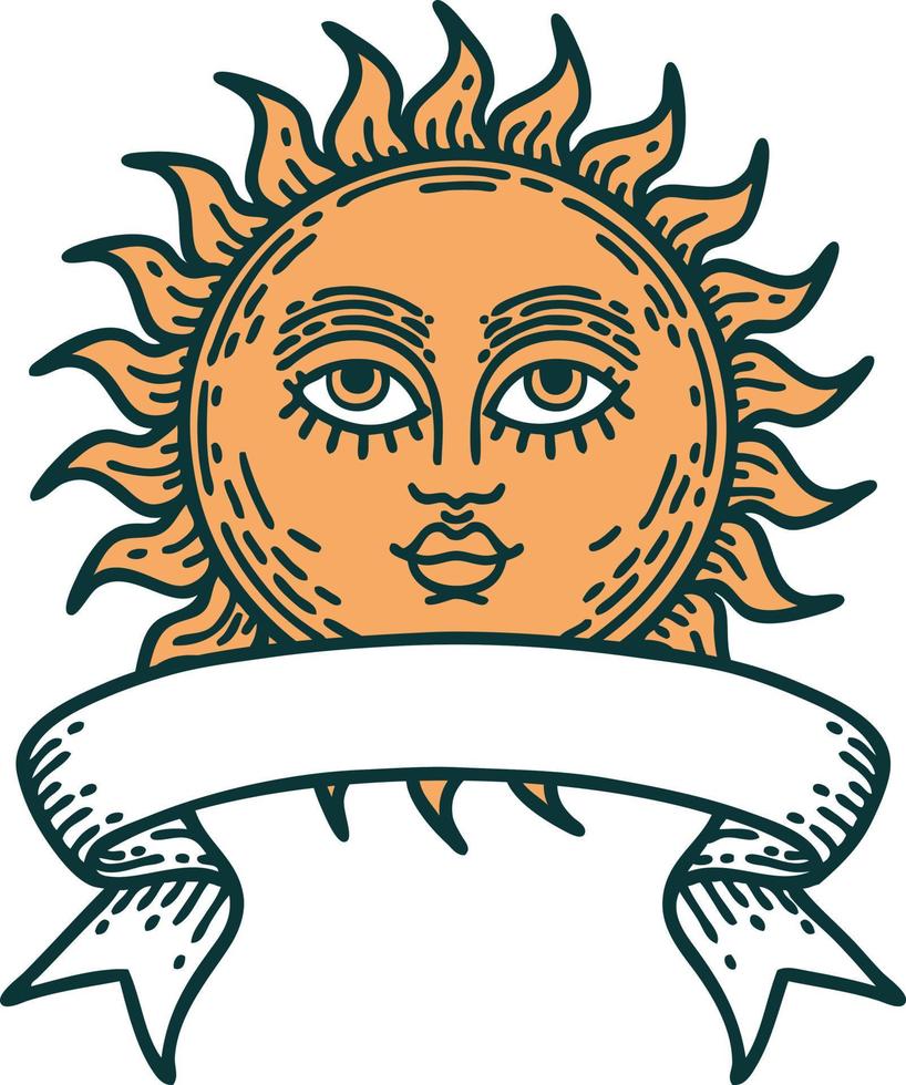 tatuaje tradicional con pancarta de un sol con cara vector