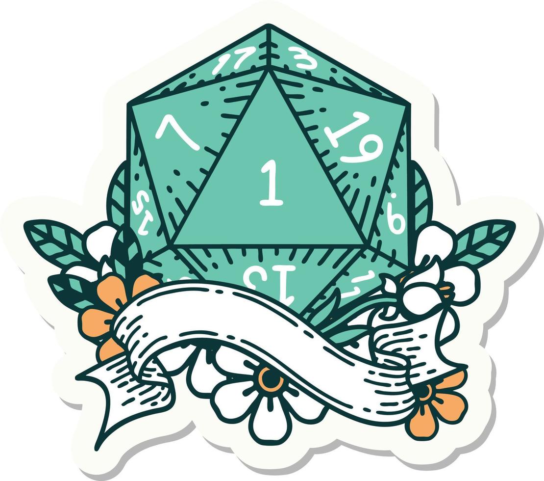 sticker of a natural one d20 dice roll vector