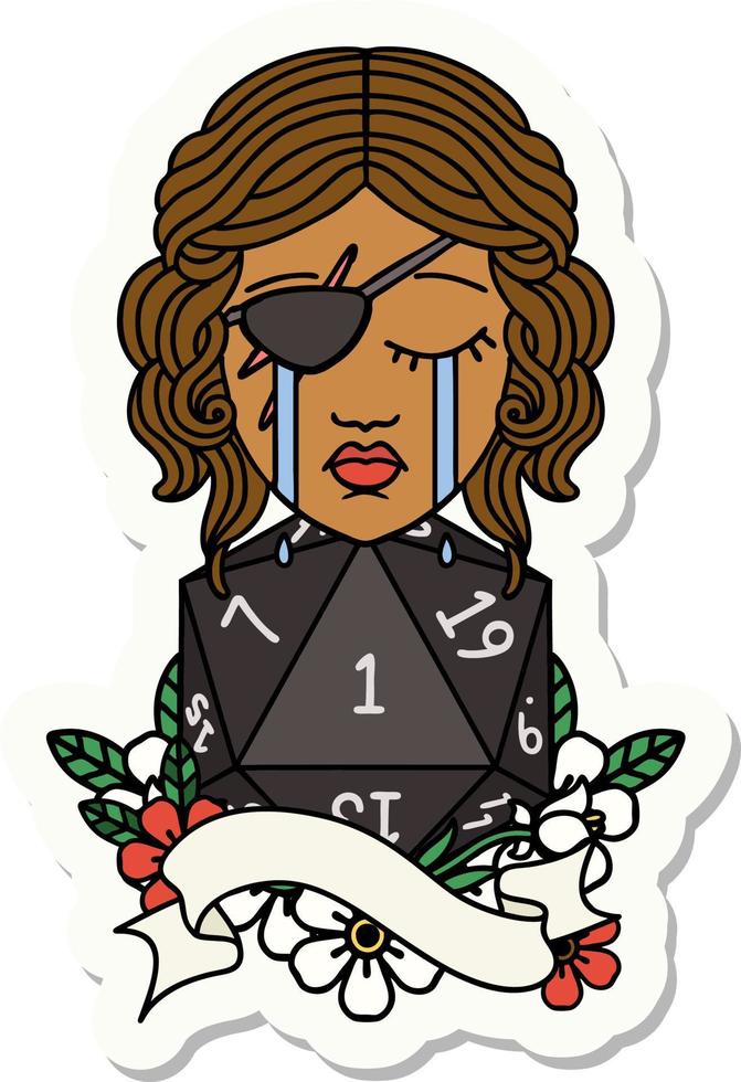 sticker of a crying human rogue with natural one D20 roll vector