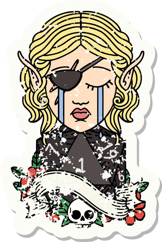 grunge sticker of a sad elf rogue character face with natural one d20 roll vector