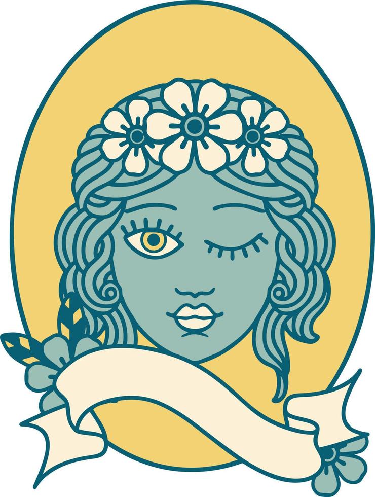 traditional tattoo with banner of a maiden with crown of flowers winking vector