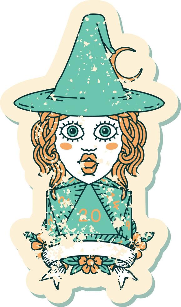 Retro Tattoo Style human witch with natural twenty dice roll vector