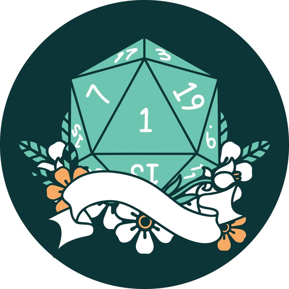 icon of natural one d20 dice roll vector