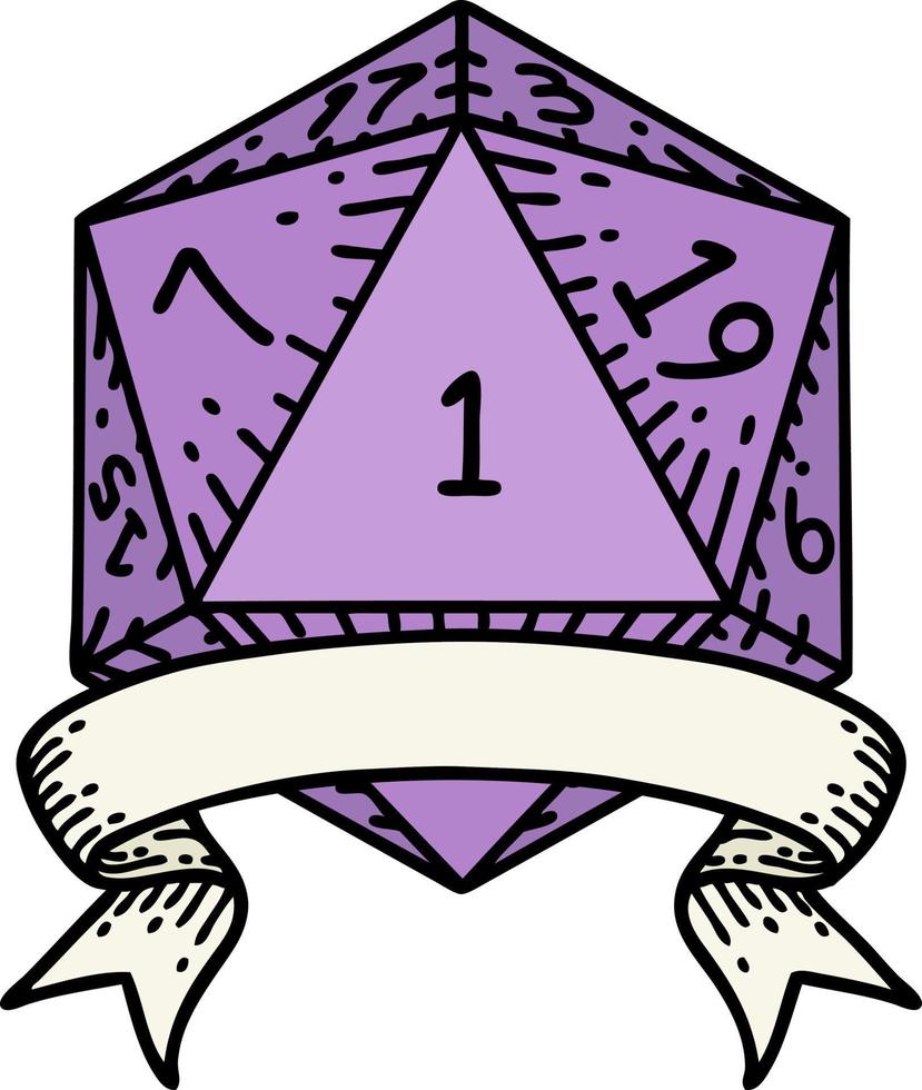 Retro Tattoo Style natural one d20 dice roll vector