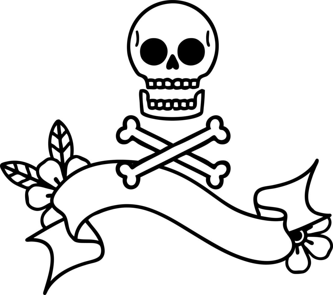 traditional black linework tattoo with banner of cross bones vector