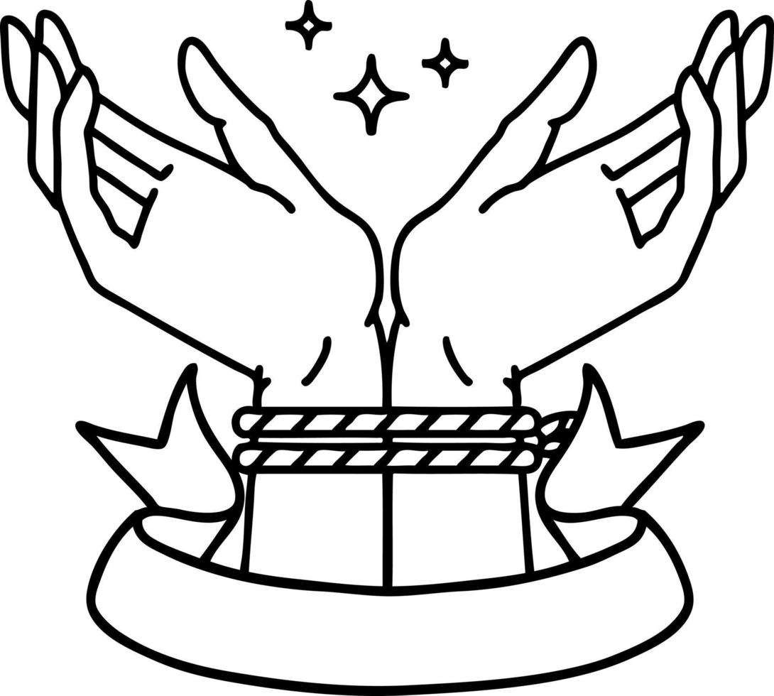 traditional black linework tattoo with banner of a pair of tied hands vector