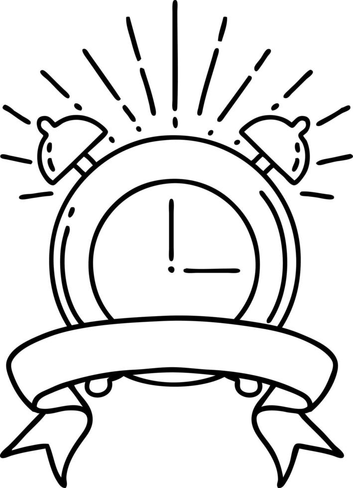 scroll banner with black line work tattoo style ringing alarm clock vector
