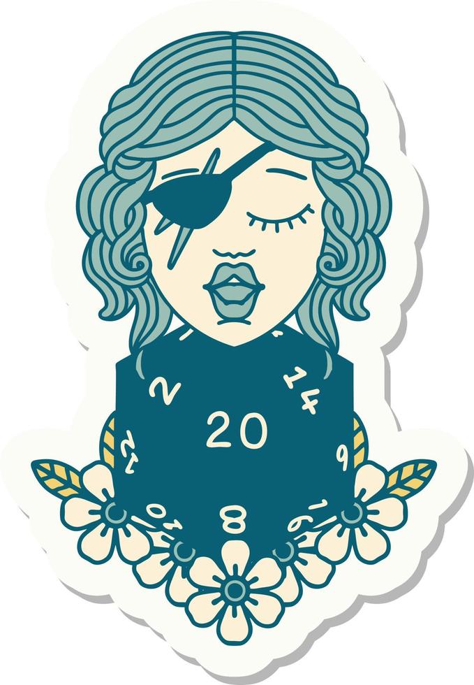 sticker of a human rogue with natural twenty dice roll vector