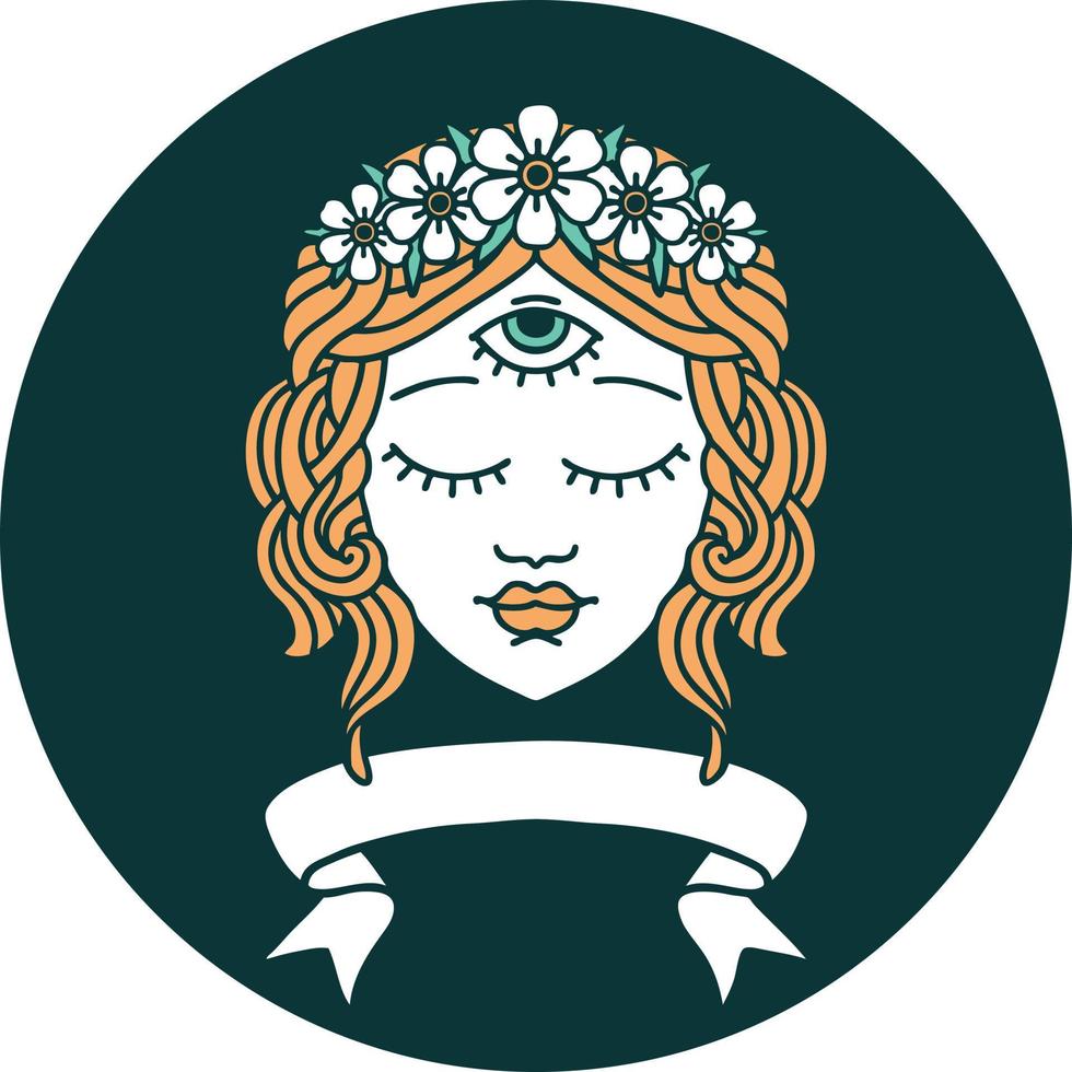 icono de estilo tatuaje con pancarta de rostro femenino con tercer ojo y corona de flores vector