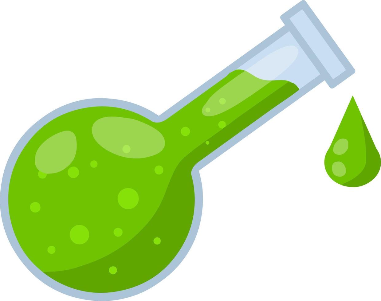 Flask of green poison. Liquid bottle. Medical preparation. Glass object. Drop of toxin. Cartoon flat illustration. Alchemical item vector