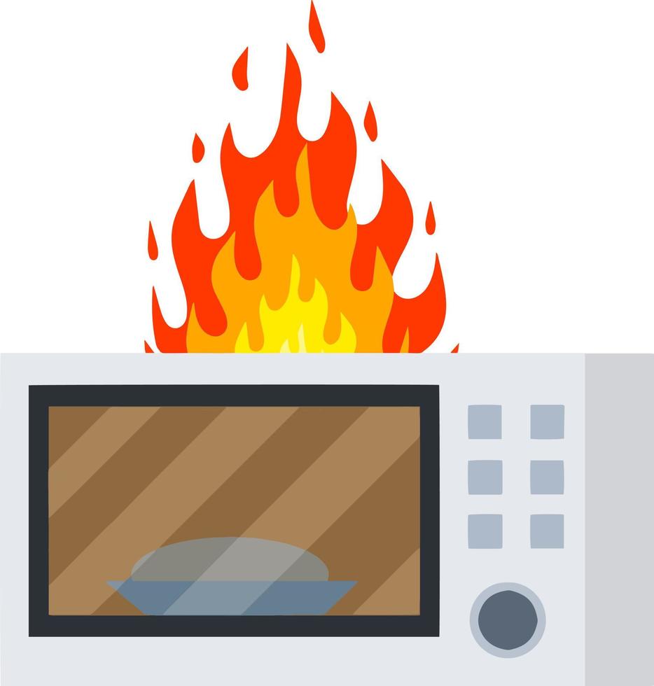 Microwave on fire. Repair and breakdown of device. trouble cooking. Dangerous fire situation. Cartoon flat illustration. Flames in kitchen. Problem with household appliances vector