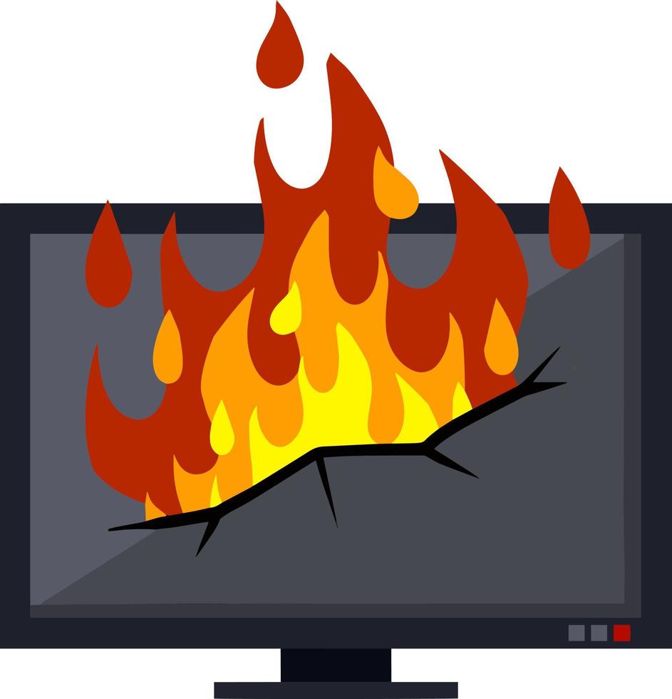 Set of home electrical appliances. Broken TV. Damaged device. Fire safety vector