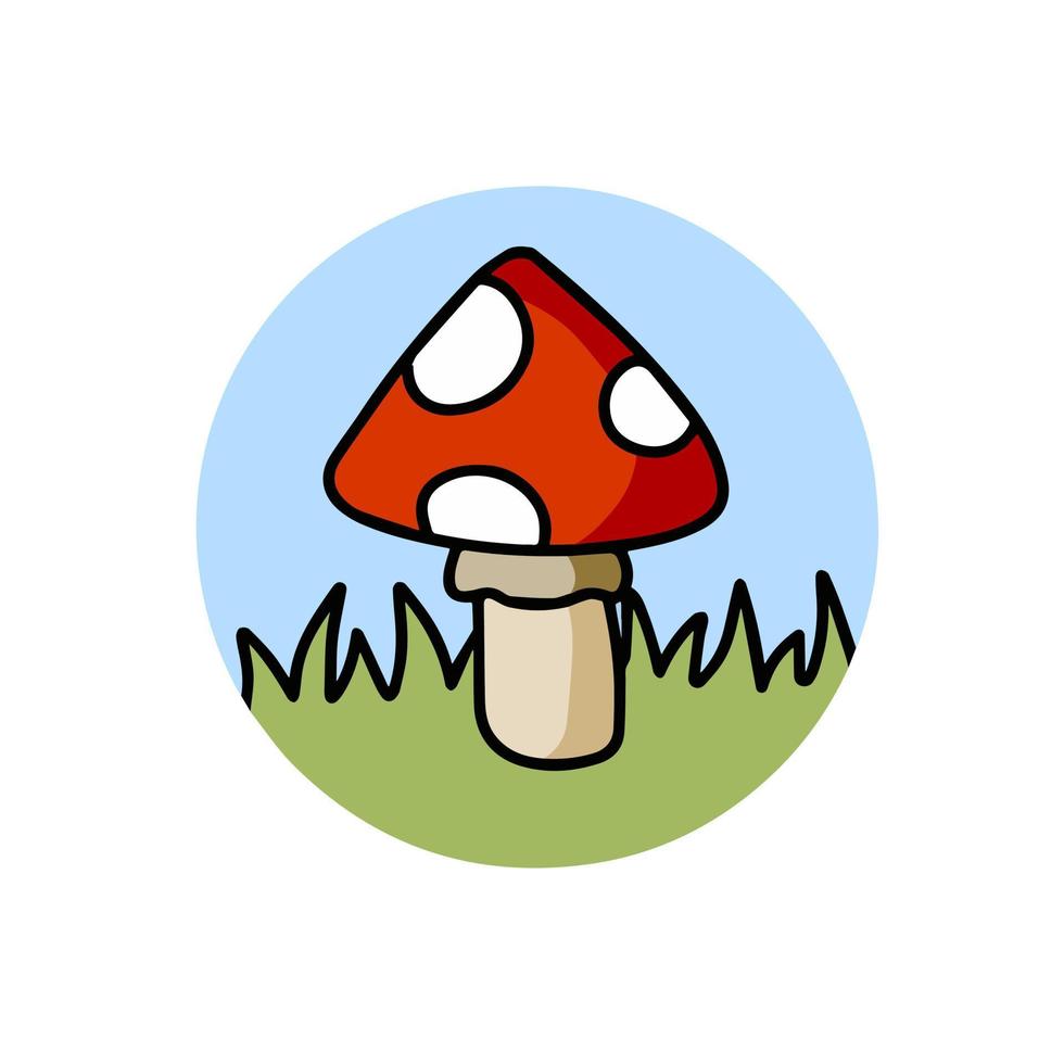 Mushroom logo in a circle with red cap. Fly agaric on the green grass. Natural scenery. vector