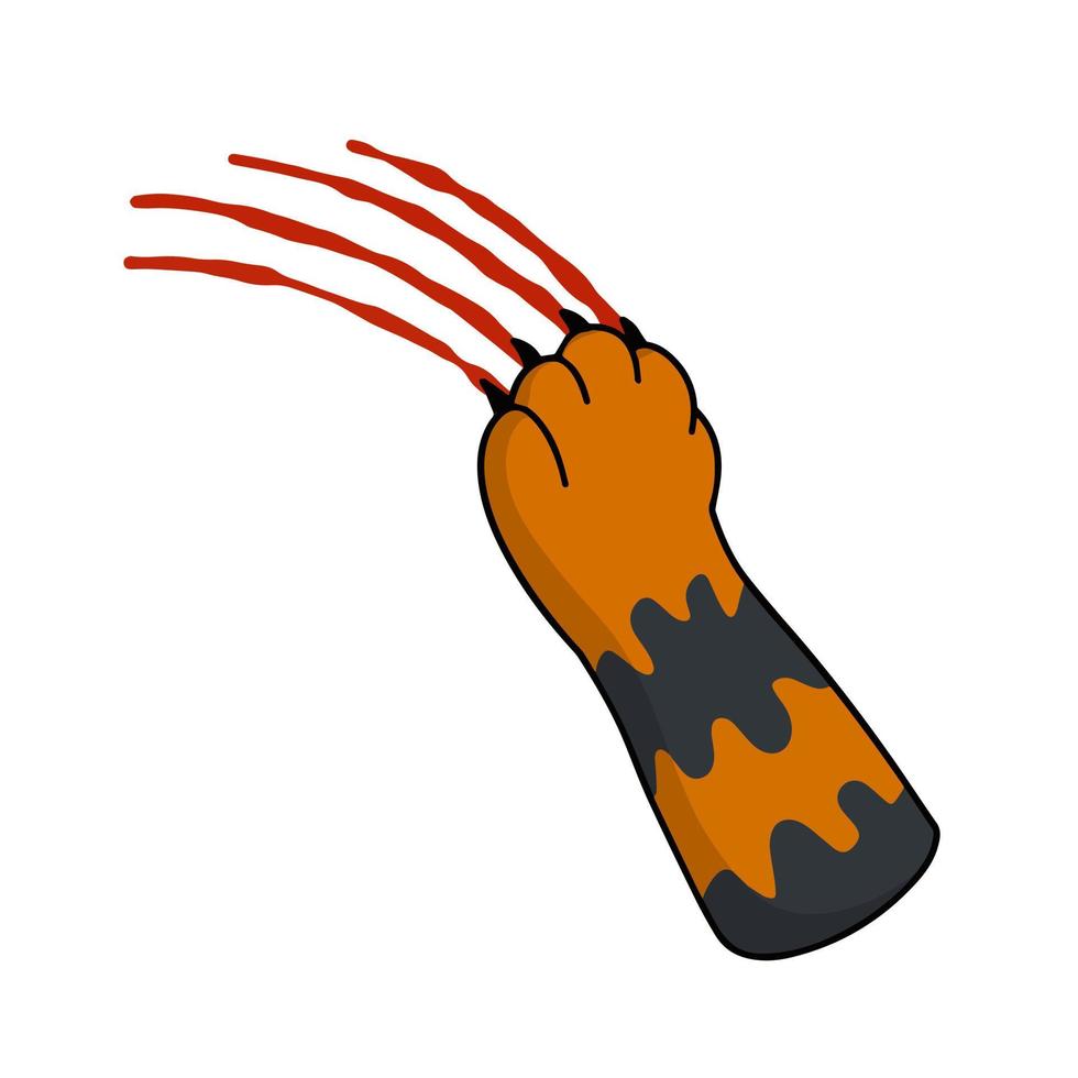 Red Cat foot. Scratch with blood trail. Aggression and injuries. Evil behavior of pet. Cartoon flat illustration vector