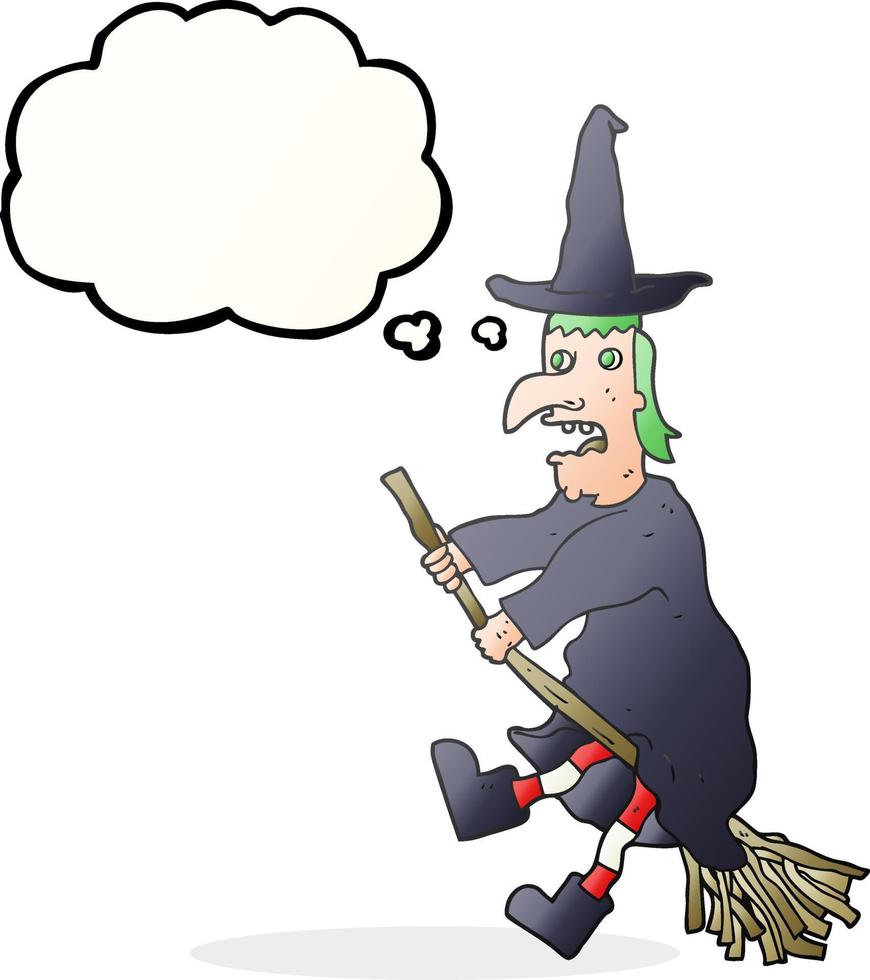 freehand drawn thought bubble cartoon witch flying on broom vector