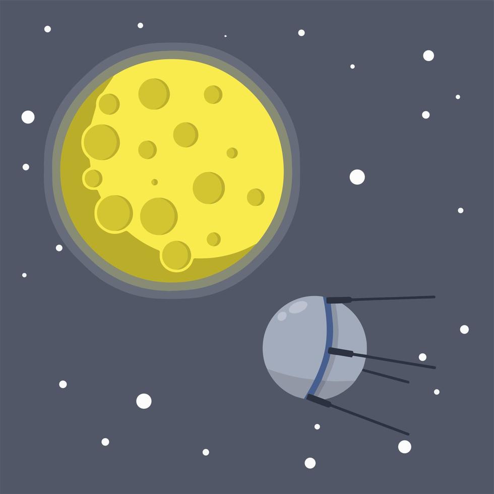 satélite en el espacio orbitando la tierra. Sputnik soviético. luna y vía láctea. exploración del universo y la galaxia. primer vuelo al espacio. tecnología moderna. ilustración plana de dibujos animados vector