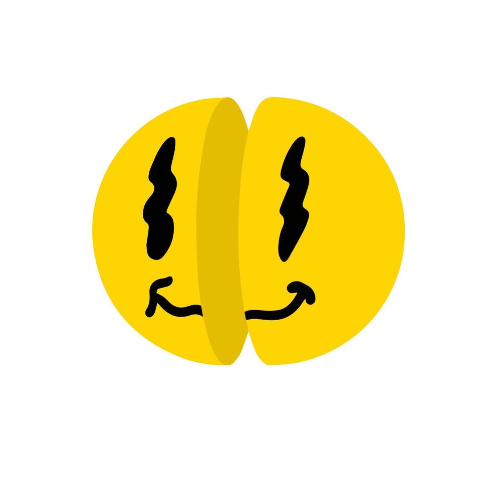 Acid smile face. Retro symbol of rave and techno. Melted trippy character. Comic funky yellow sticker. vector