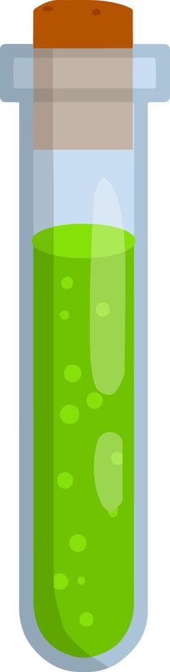 Flask of green poison. Liquid bottle. Medical preparation. Glass object. Drop of toxin. Cartoon flat illustration. Alchemical item vector