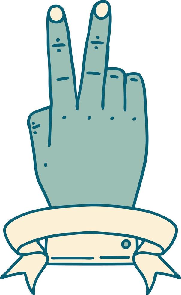 Retro Tattoo Style victory v hand gesture with banner vector