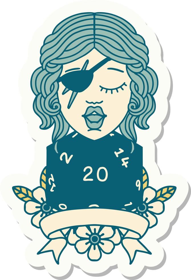 sticker of a human rogue with natural 20 dice roll vector